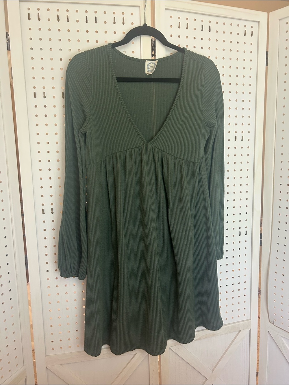 Blue Rain Olive Green Long Sleeve V-Neck Babydoll Dress